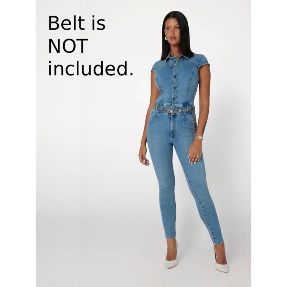GUESS Nova Denim Cap-Sleeve Skinny-Leg Jumpsuit Blue Size XL MSRP $168